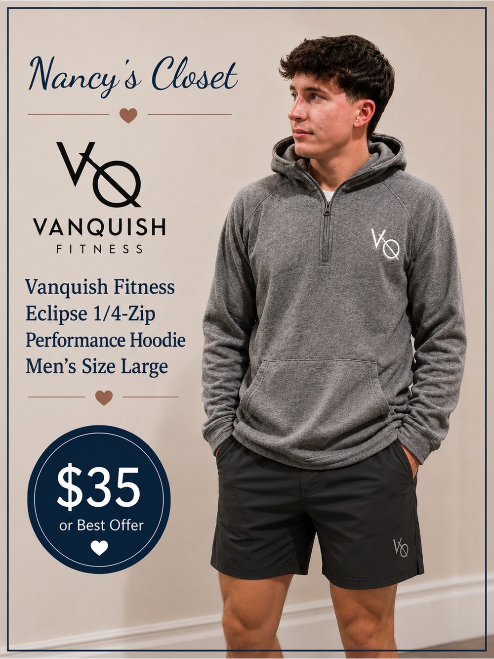 Vanquish Fitness Eclipse 1/4-Zip Performance Hoodie Gray Men’s Large
